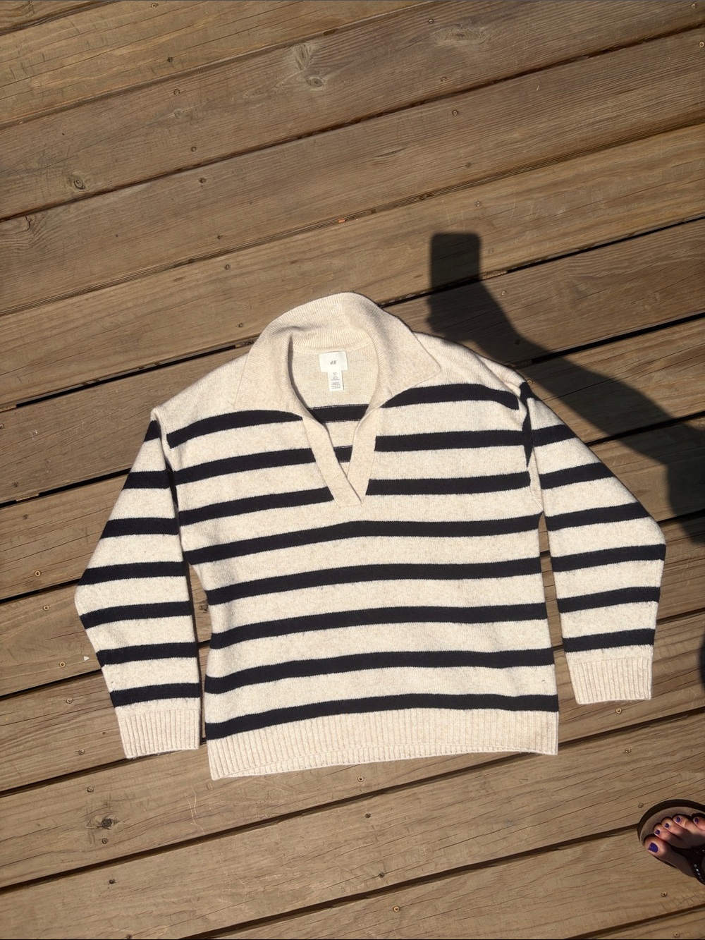 H&M Oversized Cream and Black Striped V‑Notch Shawl Collar Sweater